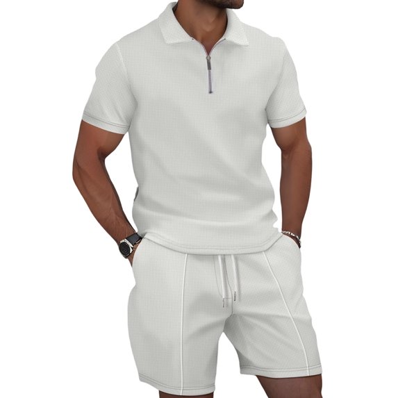 Men'S Half Zip for . Short Sleeve Shirt and Drawstring Shorts Two Piece Outfit White L