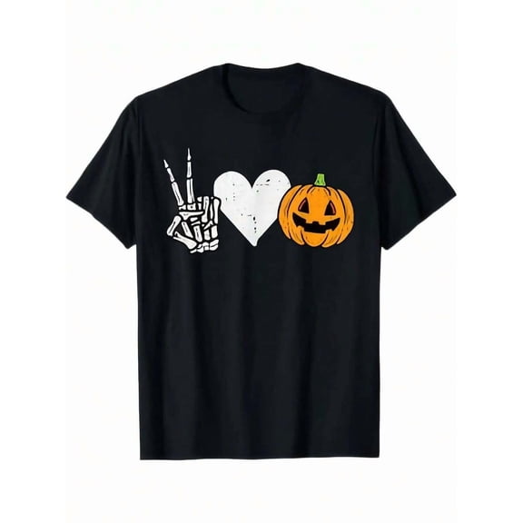 Men'S Halloween Graphic T-Shirt - Black With White Heart, Pumpkin & Hand Gesture - Soft Breathable Tee For Costume Parties, Casual Attire - Regular Fit Short Sleeve Shirt