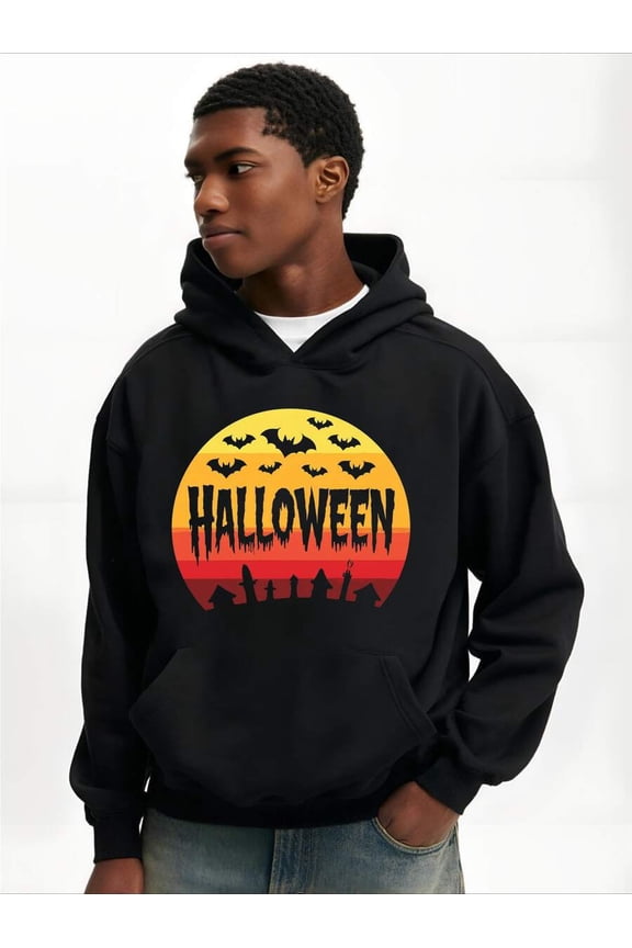 Men'S Halloween Hoodie - Black Hooded Sweatshirt With Bold Halloween Text, Bats & Sunset Graphic - All-Season Casual Pullover For Halloween Parties, Casual Attire - Spooky Costume Apparel For Men, Se