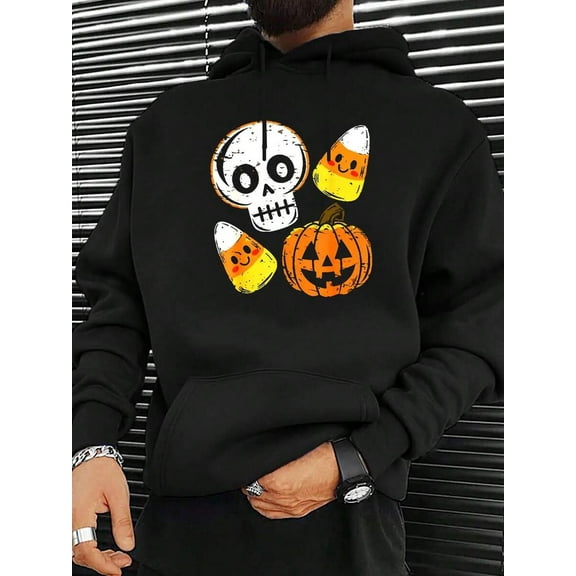 Men'S Halloween Hoodie - Pumpkin & Sugar Skull Graphic Pullover Sweatshirt, Dark Grey Hooded Sweater For Fall Winter Costume Party Casual Attire - Lightweight Warm Hoodie Gift For Men, Seasonal Fashi