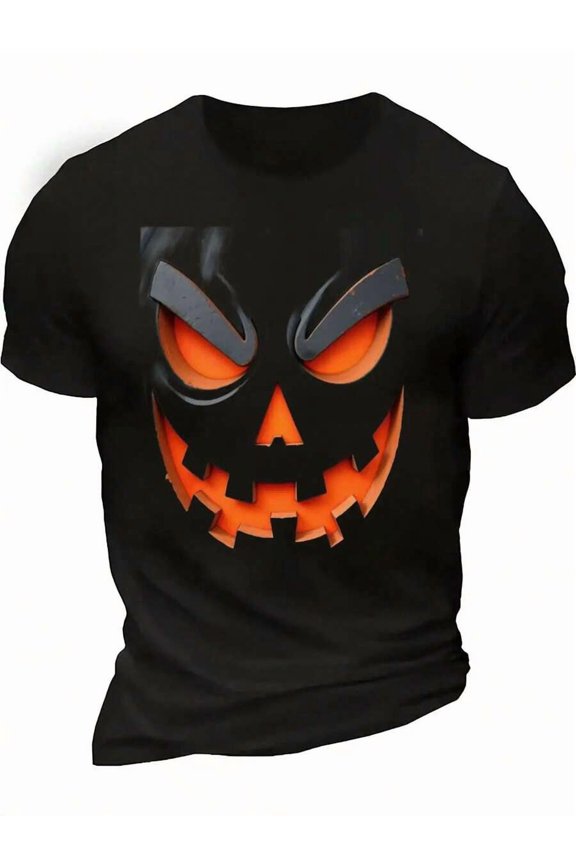 Men'S Halloween Pumpkin Face Graphic T-Shirt - Black With Orange Jack-O'-Lantern Eyes - Soft Breathable Crew Neck Tee For Halloween Costumes, Parties, Casual Attire - Spooky Fall Outfit