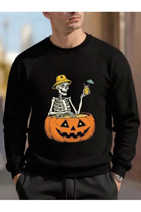 Men'S Halloween Sweatshirt - Spooky Skeleton & Pumpkin Graphic Pullover, Soft Non-Stretch Fabric Long Sleeve Round Neck Sweater For Fall Winter Costume Party Casual Attire - Easy Care Halloween Appar