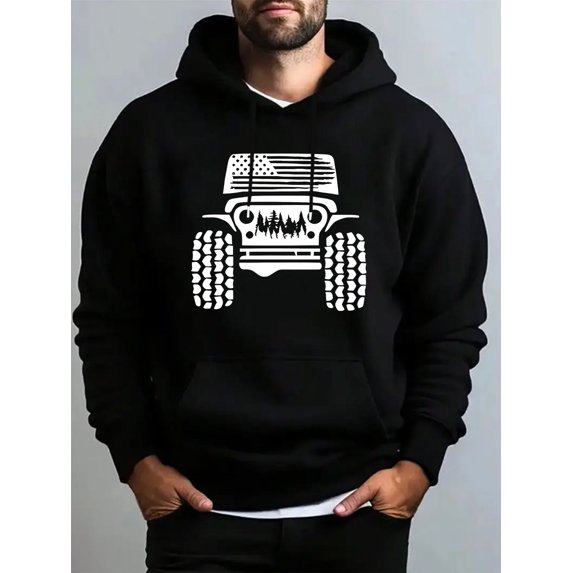 Men'S Heavy-Duty Truck Graphic Hoodie - Olive Green Pullover Sweatshirt with Flag & Monster Truck Design, Regular Fit Long Sleeve Hooded Sweater for Outdoor, Truck Enthusiasts (spring/fall)