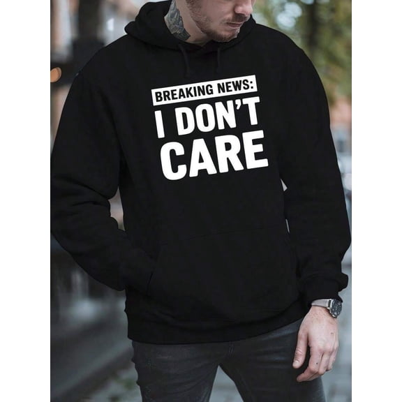 Men'S Heavyweight Hoodie - Black Hooded Sweatshirt With "Nobody Cares Work Harder" Motivational Text, Regular Fit Long Sleeve Pullover Everyday & Formal Wear, Ideal Men - All-Season Casual Sweater, H