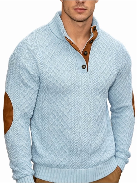 Men'S Henley Stand Collar Elbow Patch Cable Knit Sweater XXL