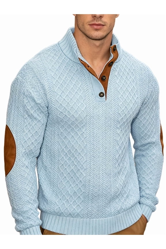 Men'S Henley Stand Collar Elbow Patch Cable Knit Sweater XXXL