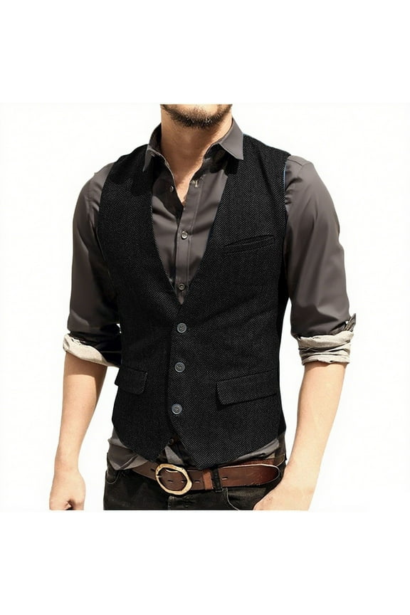 Men'S Herringbone Tweed Suit Vest Vintage Button Down V Neck Blazer Formal Wool Blend Waistcoat For Groomsman