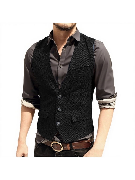 Men'S Herringbone Tweed Suit Vest Vintage Button Down V Neck Blazer Formal Wool Blend Waistcoat For Groomsman