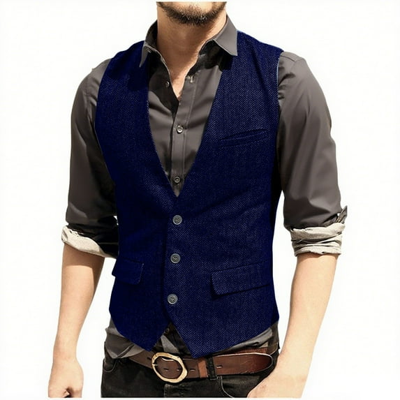 Men'S Herringbone Tweed Suit Vest Vintage Button Down V Neck Blazer Formal Wool Blend Waistcoat For Groomsman