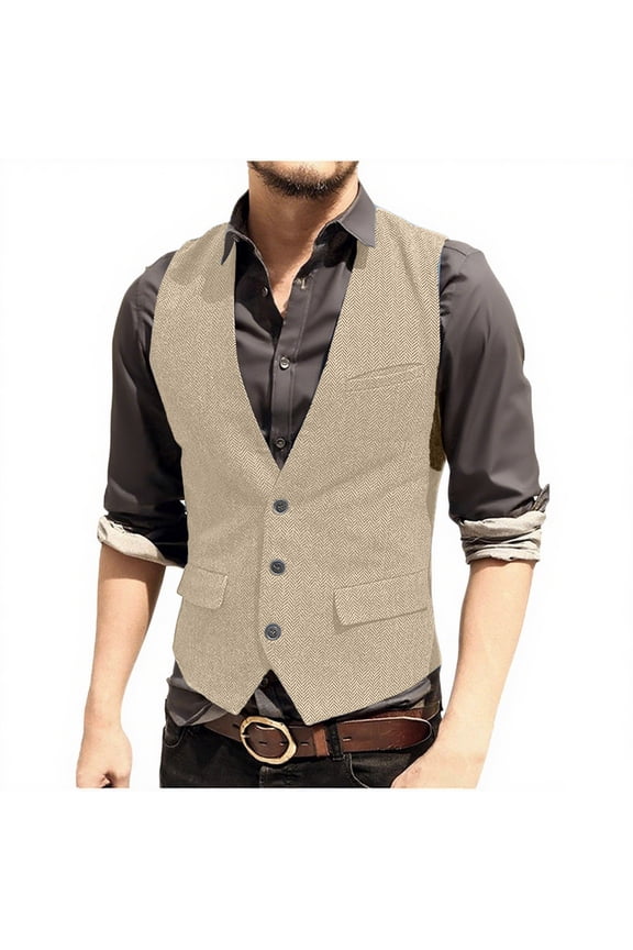 Men'S Herringbone Tweed Suit Vest Vintage Button Down V Neck Blazer Formal Wool Blend Waistcoat For Groomsman