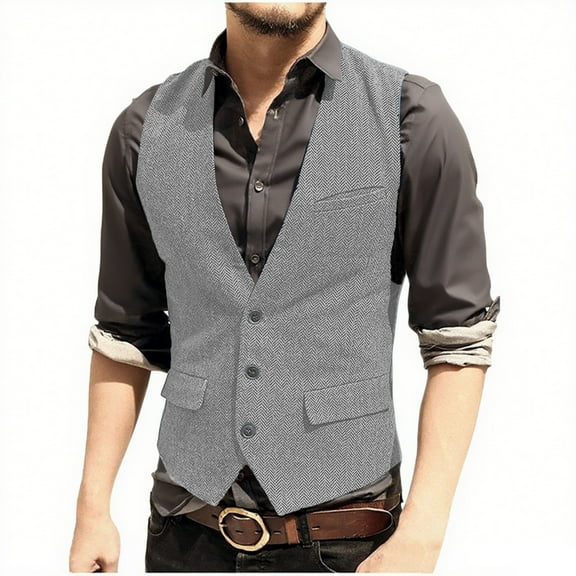 Men'S Herringbone Tweed Suit Vest Vintage Button Down V Neck Blazer Formal Wool Blend Waistcoat For Groomsman