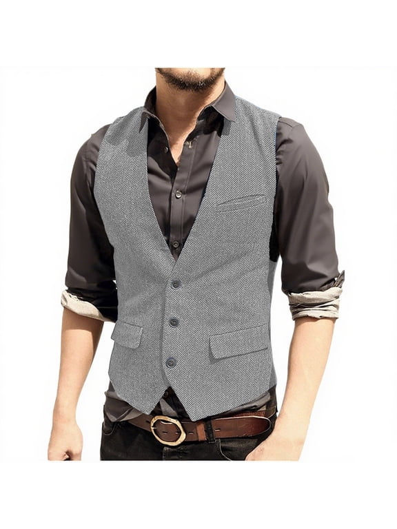 Men'S Herringbone Tweed Suit Vest Vintage Button Down V Neck Blazer Formal Wool Blend Waistcoat For Groomsman