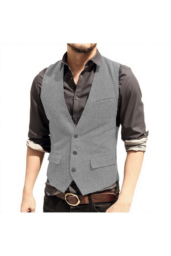 Men'S Herringbone Tweed Suit Vest Vintage Button Down V Neck Blazer Formal Wool Blend Waistcoat For Groomsman