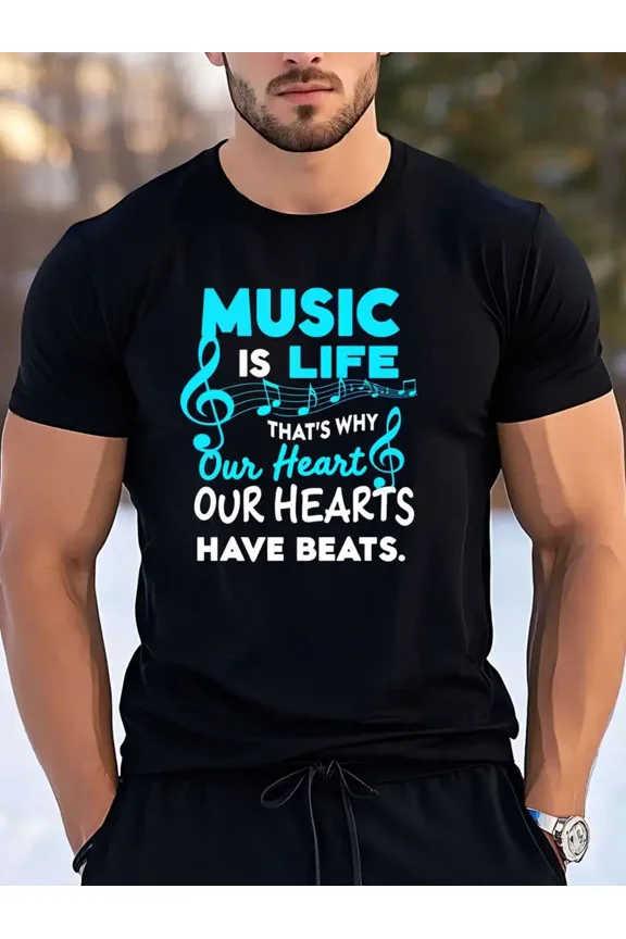 Men'S High-Quality 100% Cotton T-Shirt - Soft, Breathable Black Crew Neck with Inspirational "Music Is Life" Graphic & Hearts & Beats Design - Perfect for Music Lovers, Casual