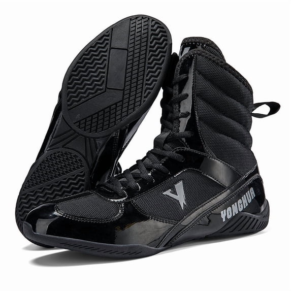 Men'S High-Top Boxing & Wrestling Training Shoes - Slip-Resistant Rubber Sole, Breathable Full-Grain Faux Leather-like Upper, Adjustable Ankle Support, Round Toe Design for Combat Sports, Gym