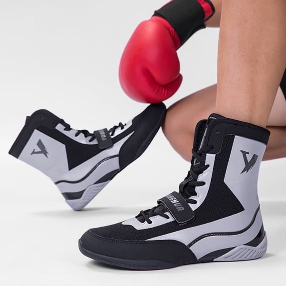 Men'S High-Top Boxing & Wrestling Training Shoes - Slip-Resistant Rubber Sole, Breathable Full-Grain Faux Leather-like Upper, Adjustable Ankle Support, Round Toe Design for Combat Sports, Gym