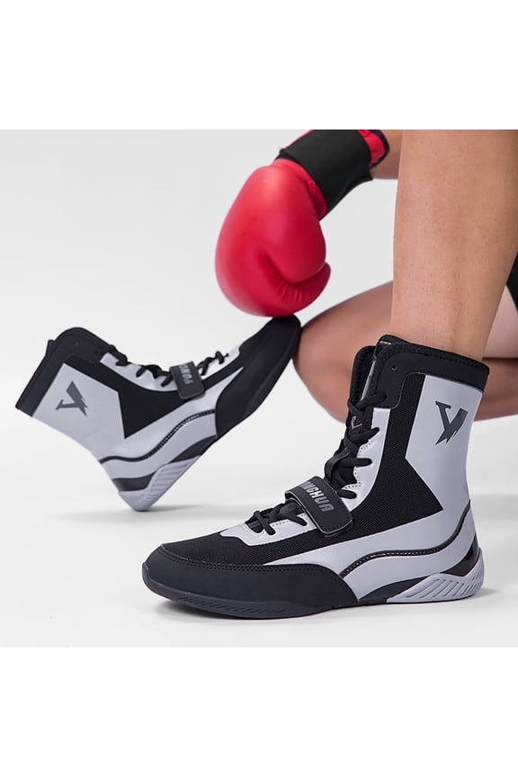 Men'S High-Top Boxing & Wrestling Training Shoes - Slip-Resistant Rubber Sole, Breathable Full-Grain Faux Leather-like Upper, Adjustable Ankle Support, Round Toe Design for Combat Sports, Gym