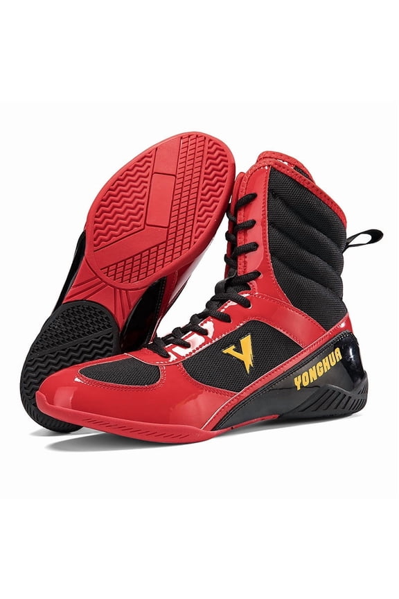 Men'S High-Top Boxing & Wrestling Training Shoes - Slip-Resistant Rubber Sole, Breathable Full-Grain Faux Leather-like Upper, Adjustable Ankle Support, Round Toe Design for Combat Sports, Gym