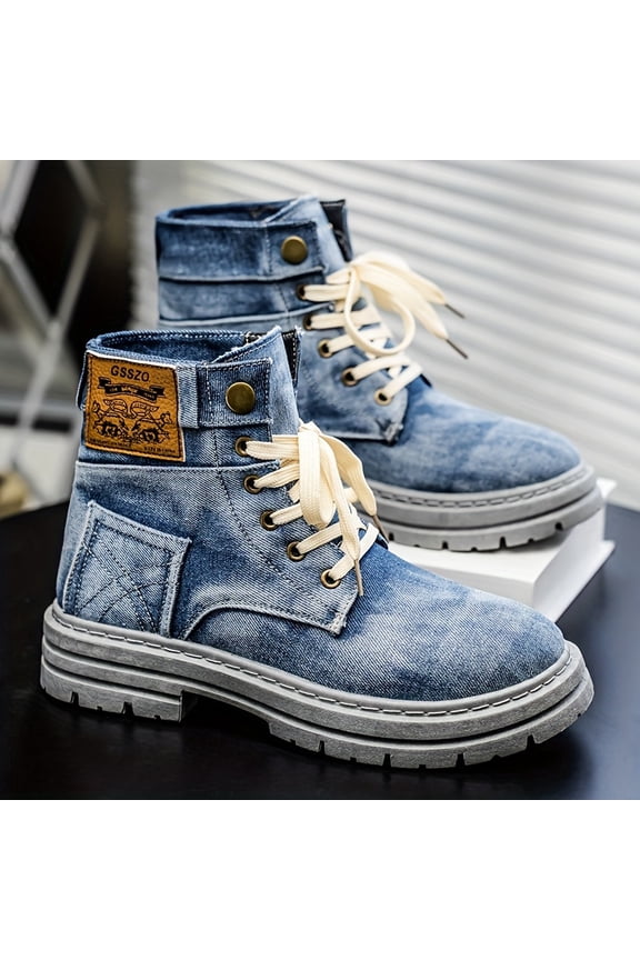 Men'S High-Top Casual Sports Street Boots - Solid Color, Round Toe, Lace-Up, Canvas Upper, Rubber Sole, Fabric Insole, All-Season Outdoor Shoes for Men, Outdoor Footwear | Vintage Style Boots |