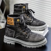 Men'S High-Top Casual Sports Street Boots - Solid Color, Round Toe, Lace-Up, Canvas Upper, Rubber Sole, Fabric Insole, All-Season Outdoor Shoes for Men,Vintage Style Boots | Outdoor Footwear
