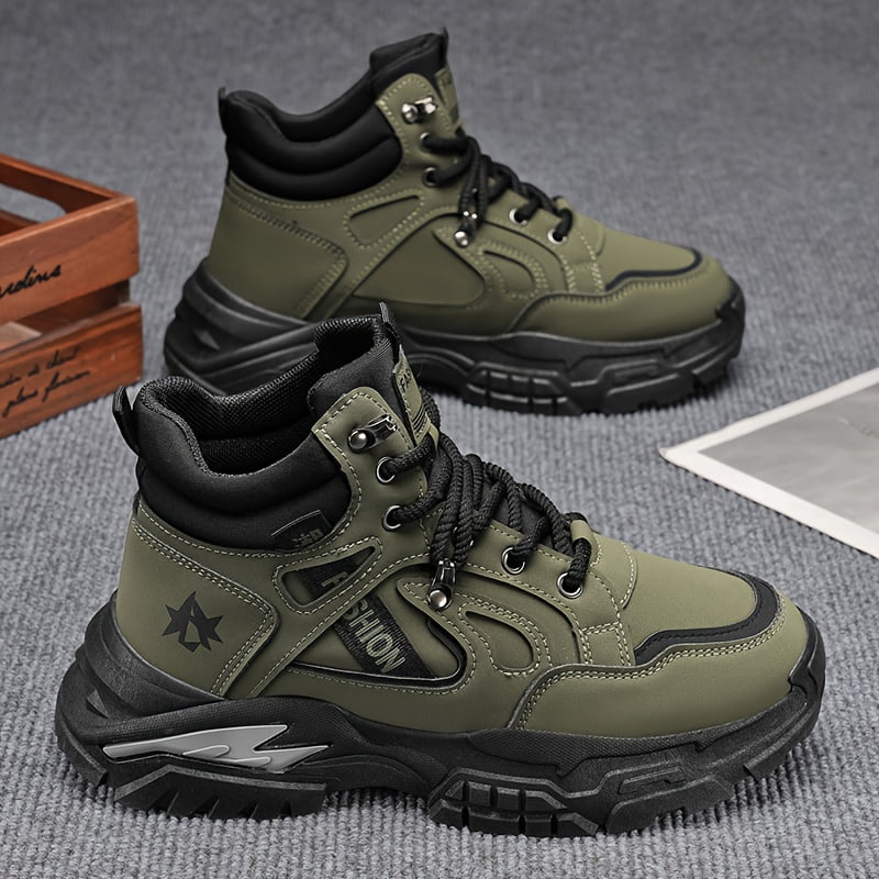 Men'S High-Top Hiking Boots - Four Seasons Outdoor Hiking Shoes, Urban Leisure Wear - Lace-Up Ankle Support Design Lightweight Breathable Non-Slip PVC Sole, Black, Green, Khaki / Camping,