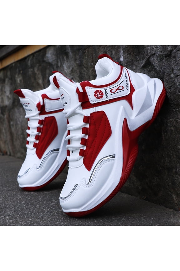 Men'S High-Top Sneakers - Lightweight Running Shoes with Non-Slip Rubber Sole, White & Red Accent Hiking, Everyday - All-Season Lace-Up Gym Shoes for Men,, Sporty Look, Durable Construction