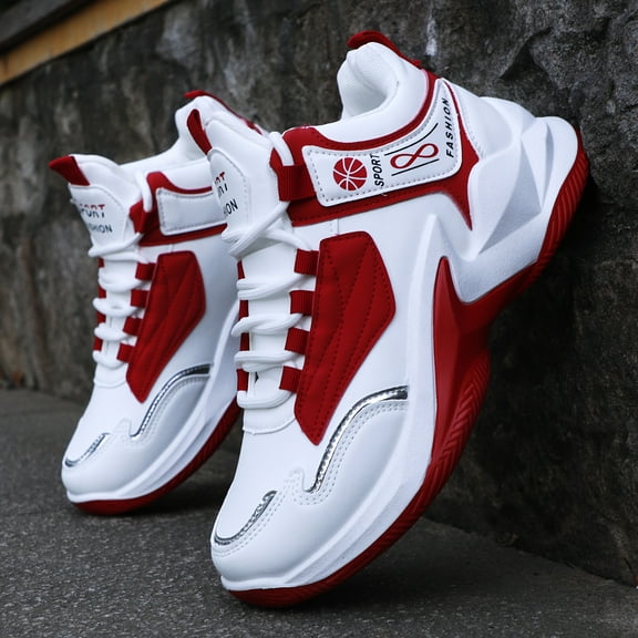 Men'S High-Top Sneakers - Lightweight Running Shoes with Non-Slip Rubber Sole, White & Red Accent Hiking, Everyday - All-Season Lace-Up Gym Shoes for Men,, Sporty Look, Durable Construction