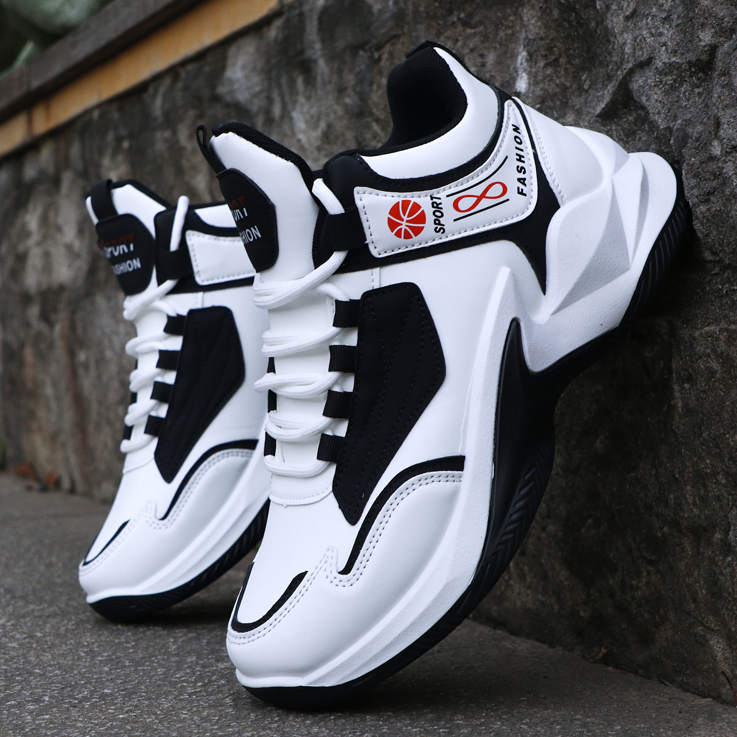Men'S High-Top Sneakers - Lightweight Running Shoes with Non-Slip Rubber Sole, White & Red Accent  Hiking, Everyday - All-Season Lace-Up Gym Shoes for Men,, Sporty Look, Durable Construction
