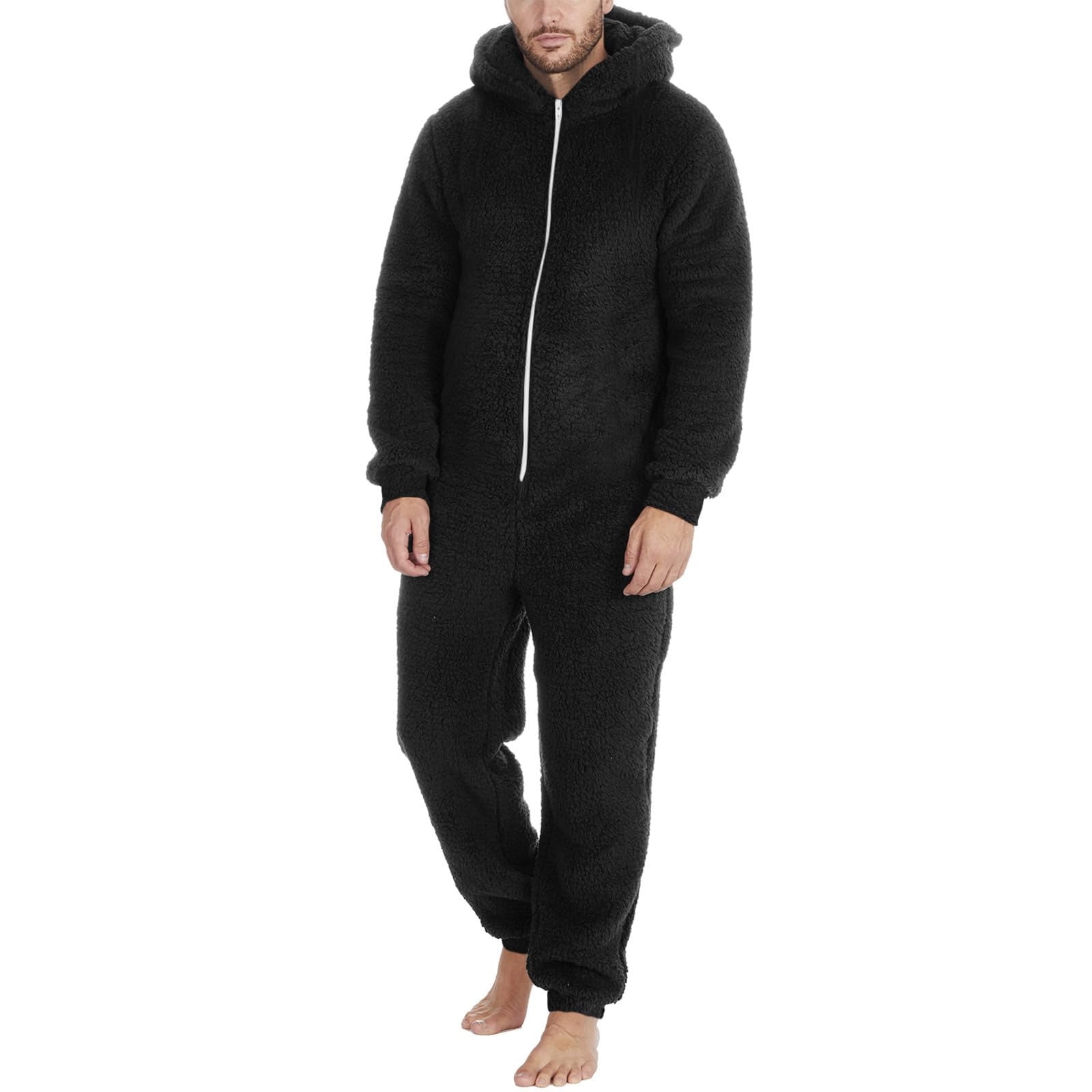 Men'S Hooded Onesie Pajamas Lightweight Fuzzy Fleece Zip Up Jumpsuit
