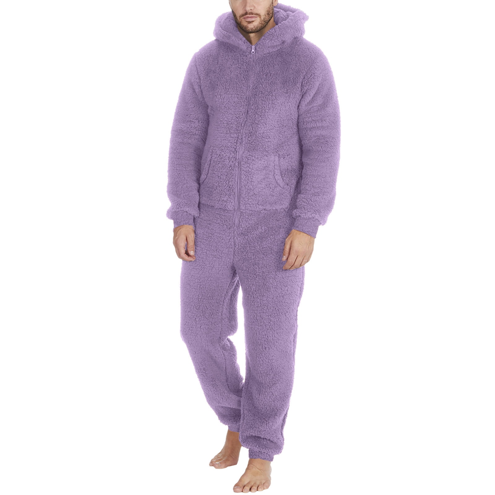 Men S Hooded Onesie Pajamas Lightweight Fuzzy Fleece Zip Up Jumpsuit Long Sleeve Long Pants One Piece Pjs Purple XXL Deals Walmart