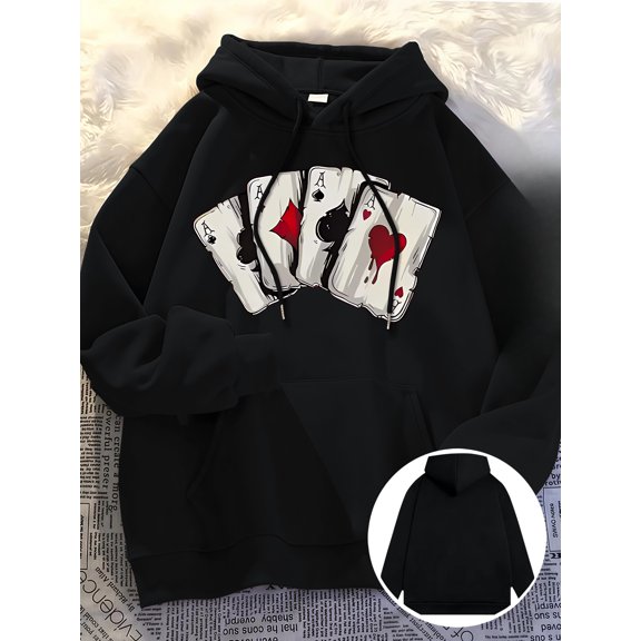 Men'S Hooded Sweatshirt - Black with Red & White Poker Card Graphic - Pullover Hoodie Clothing for Poker Nights & Everyday Outfits, Sweater Hoodie, Game Night Apparel, Comfortable Fabric