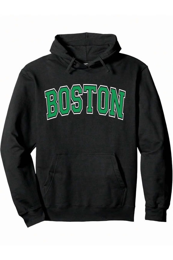 Men'S Hoodie 250g 50%Cotton + 50% Polyester - Boston Arched Green Text Pullover HoodieMen's Hoodie