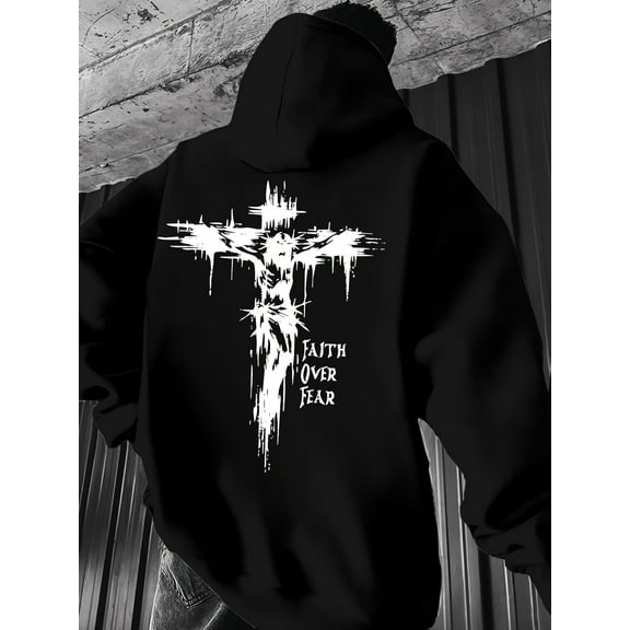 Men'S Hoodie - Faith Over Fear Cross Graphic Pullover Sweatshirt, Hooded Sweatshirt with Kangaroo Pocket, Long Sleeve Hoodie for Everyday & Formal Wear