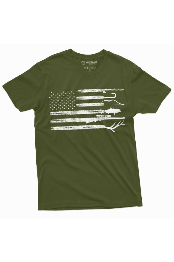 Men'S Hunting Fishing Shirt Usa Flag Nature Camo Shirt Father Gift Ideas Patriotic Tee (3X-Large Military Green)