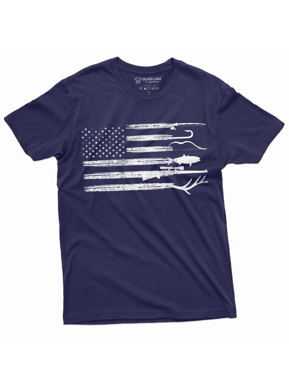 Men'S Hunting Fishing Shirt Usa Flag Nature Camo Shirt Father Gift Ideas Patriotic Tee (Medium Navy Blue)