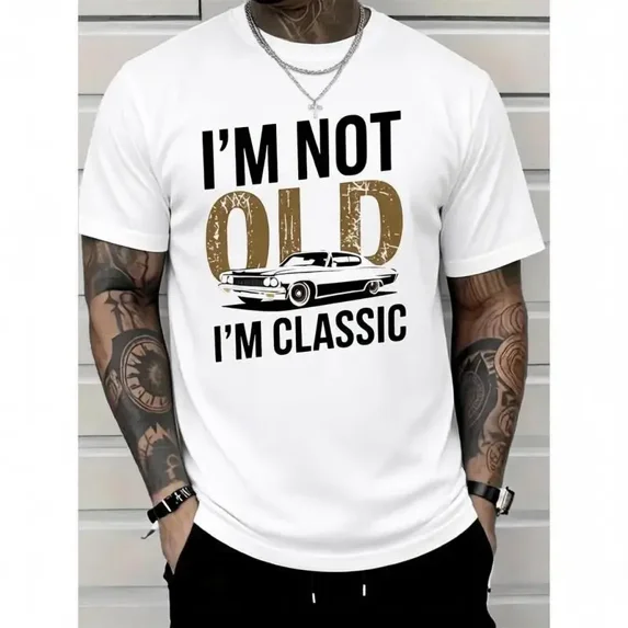 Men'S "I'M Not Old, I Am Classic" Pattern T-Shirt-Soft Cotton, Casual Crew Neck, Short Sleeve, Car Print-Suitable For Casual Wear