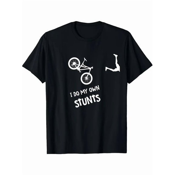 Men'S "I Do My Own Stunts" Mountain Bike Graphic T-Shirt - Retro MTB Tee with Bicycle & Rider Silhouette Design, Black/White Contrast, Regular Fit Casual Shirt for Mountain