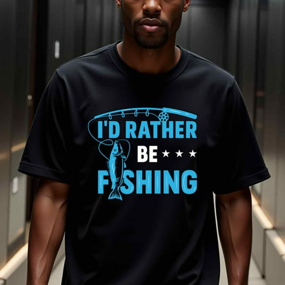 Men'S "I'd Rather Be Fishing" Graphic T-Shirt - Black Casual Short Sleeve Tee with Fish Design, Comfortable & Breathable for Casual Attire, Fishing T Shirts