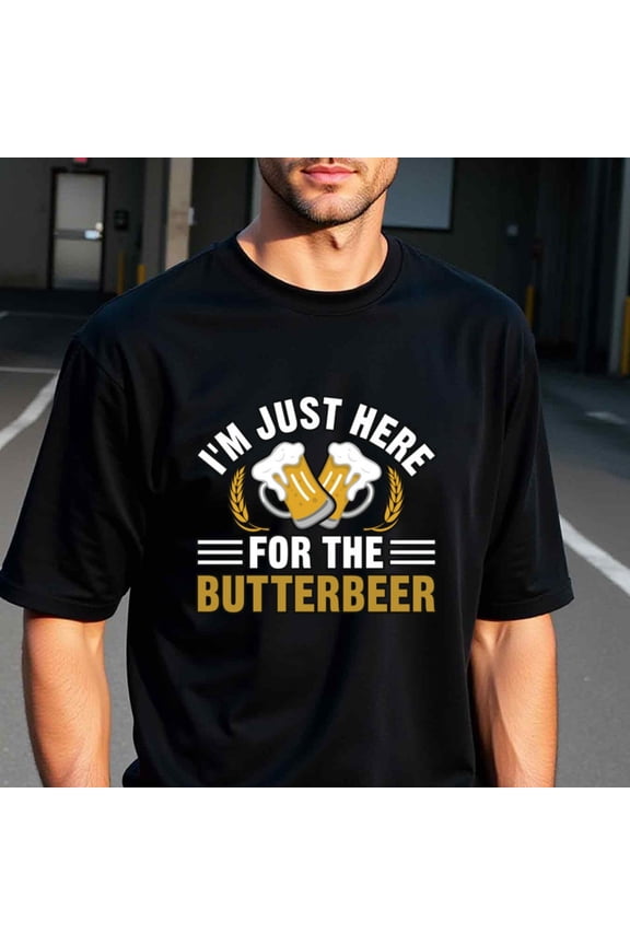 Men'S "I'm Just Here for the Butterbeer" Graphic T-Shirt - 100% Cotton, Casual Crew Neck, Short Sleeve, Regular Fit, All-Season Wear, Black with White & Golden Beer Mug Design, Perfect for Casual At