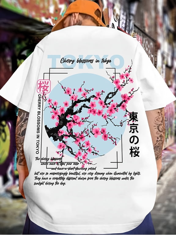 Men'S Japanese Cherry Blossom Patterned Print T-Shirt Crew Neck Short Sleeve Casual Streetwear Summer Top Men Tshirts S-5XL