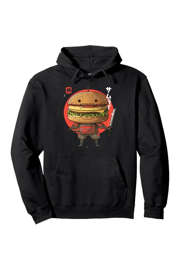 Men'S Japanese Samurai Burger Warrior Ukiyo-e Graphic Hoodie - Anime-Inspired Samurai Fast Food Design, Soft Breathable ,Washed Black Pullover Sweatshirt with Hood,