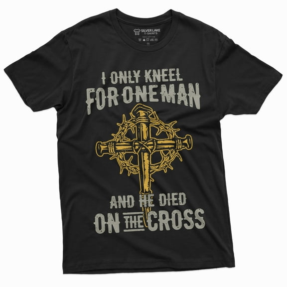 Men'S Jesus Christian T-Shirt Faith Church Cross Shirt I Only Kneel For One Man Tee (Large Black)
