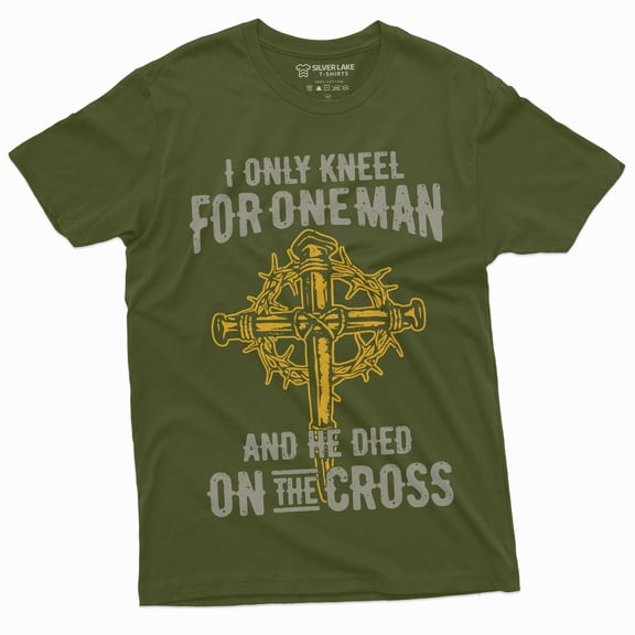Men'S Jesus Christian T-Shirt Faith Church Cross Shirt I Only Kneel For One Man Tee (Large Military Green)