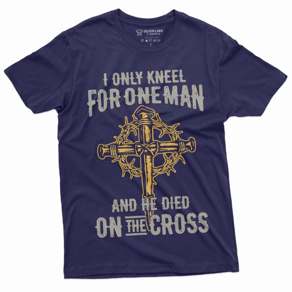 Men'S Jesus Christian T-Shirt Faith Church Cross Shirt I Only Kneel For One Man Tee (Medium Navy Blue)