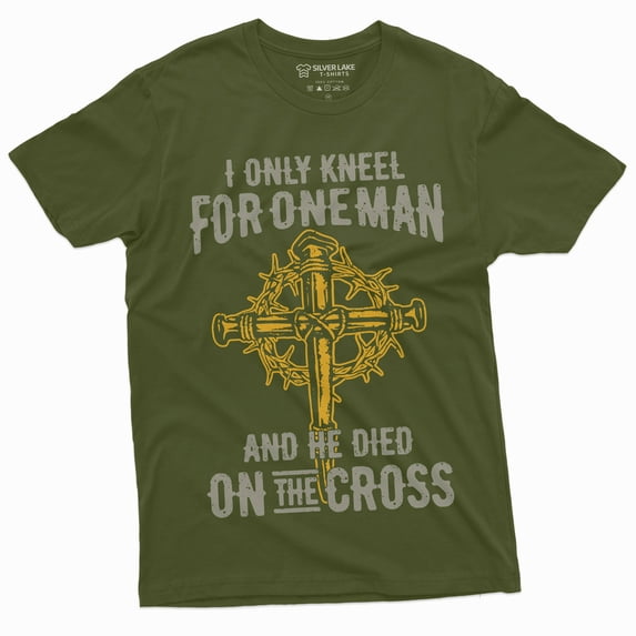 Men'S Jesus Christian T-Shirt Faith Church Cross Shirt I Only Kneel For One Man Tee (Small Military Green)