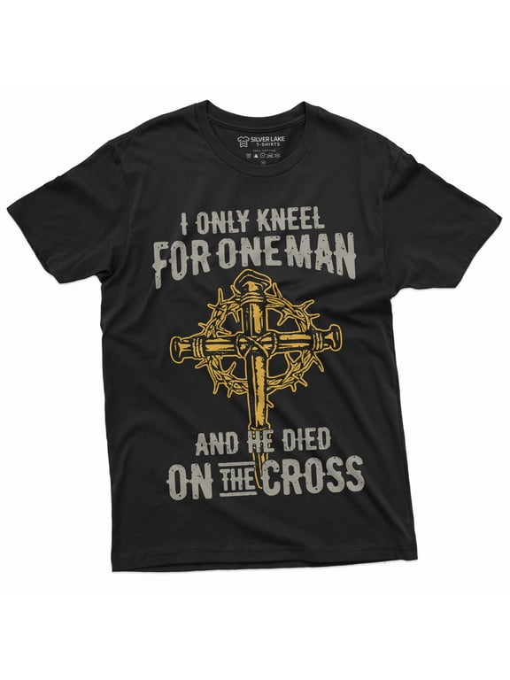 Men'S Jesus Christian T-Shirt Faith Church Cross Shirt I Only Kneel For One Man Tee