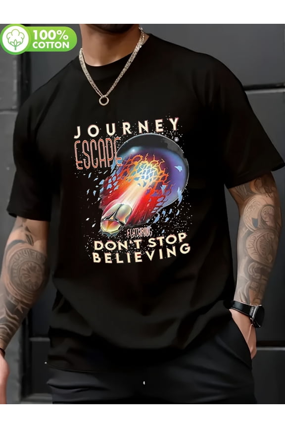 Men'S Journey Escape Don'T Stop Believing Graphic T-Shirt - Retro Sci-Fi Space Design Featuring a Neon Planet And Spaceship Art, Black Short Sleeve Casual Tee, Regular Fit Round Neck,