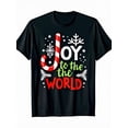thumbnail image 1 of Men'S Joy to the World Candy Cane Christmas T-Shirt - 100% Cotton, Black with Red & White Striped Cane Design, Snowflakes & Holly Berries, Casual Round Neck Tee for All, 1 of 1