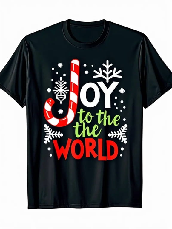 Men'S Joy to the World Candy Cane Christmas T-Shirt - 100% Cotton, Black with Red & White Striped Cane Design, Snowflakes & Holly Berries, Casual Round Neck Tee for All