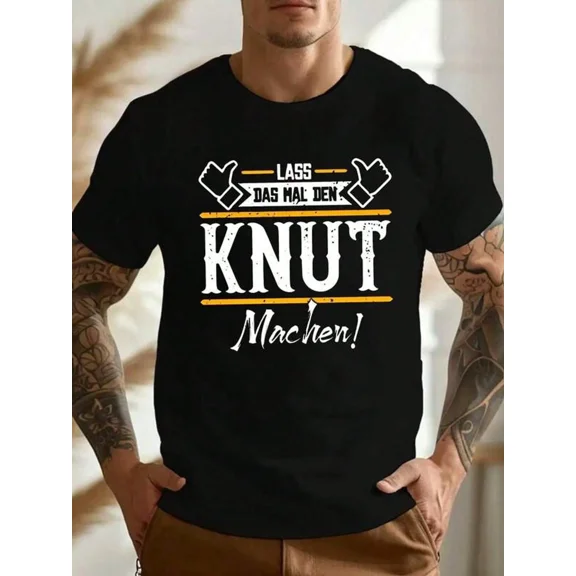 Men'S _Knut Machen!_ Graphic T-Shirt - Casual Black Tee With Bold White & Yellow Design, Short Sleeve, Round Neck, Summer Style,